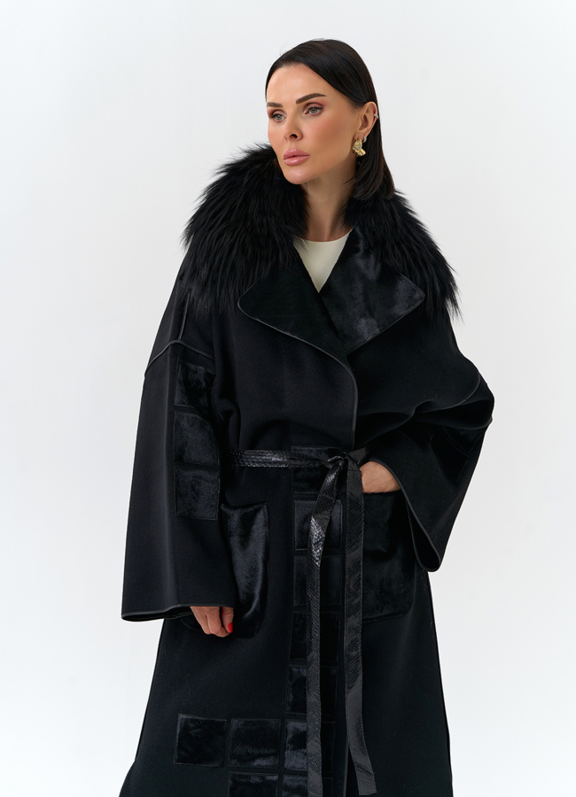 Женское длинное пальто с отделкой из меха лисы модель № 32649 универмаг малина