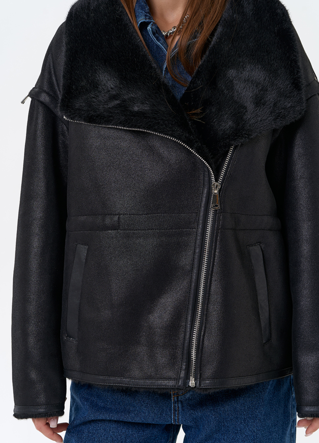 Женская дубленка из эко замши в черном цвете модель № 31433 универмаг малина