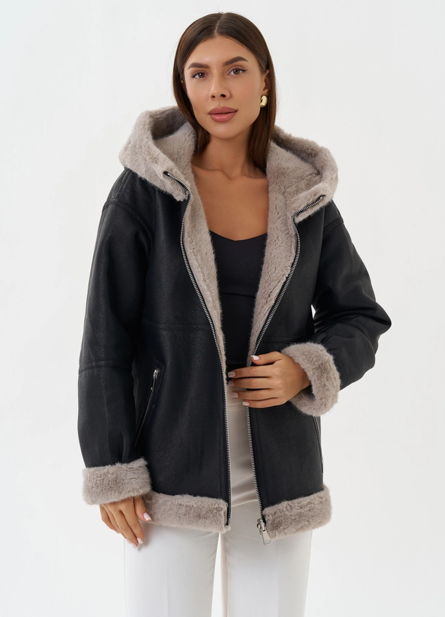 Женская эко дубленка с капюшоном модель № 27760 универмаг малина