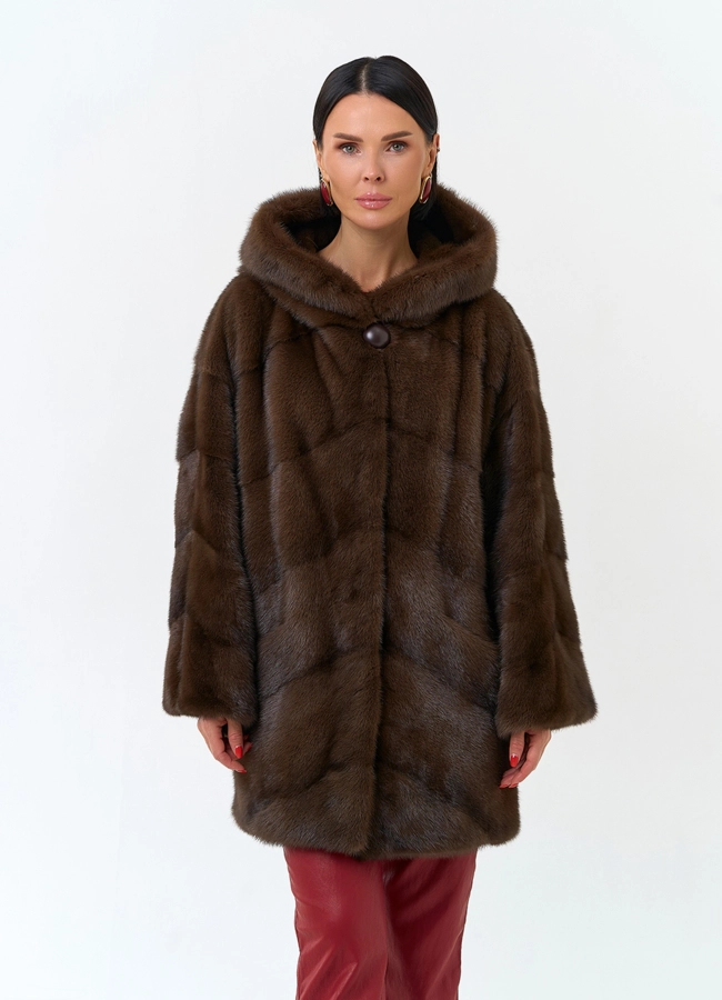 Женская шуба из меха норки с капюшоном модель № 34135 меха малина фото