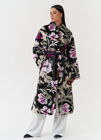 Пальто из эко меха с цветочным принтом