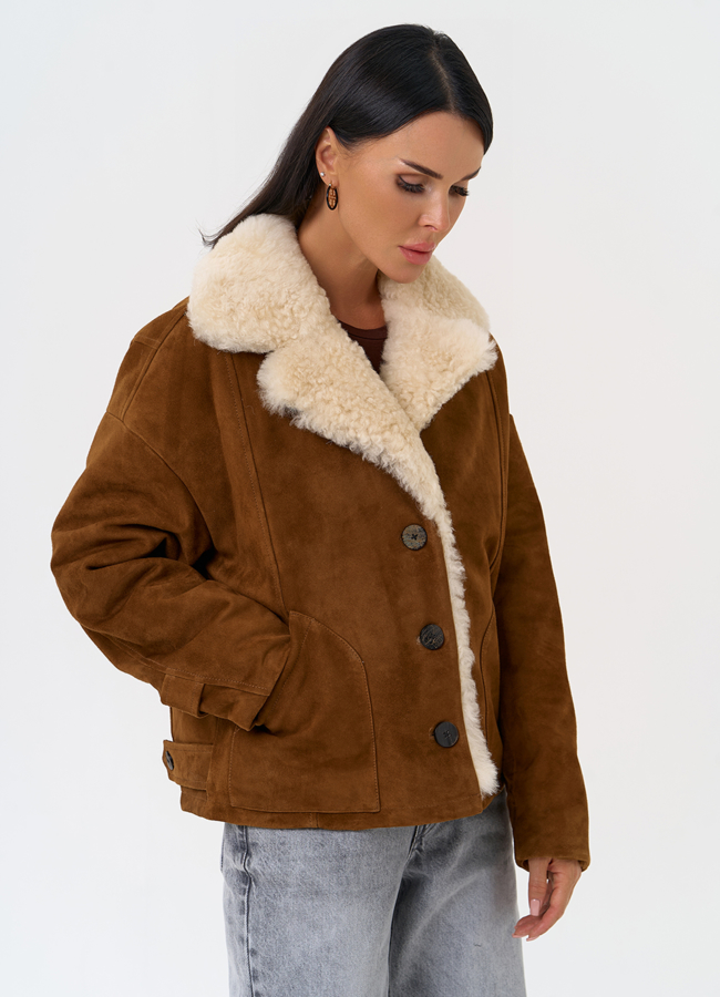 Пуховик из натуральной замши с мехом модель № 31409 универмаг малина