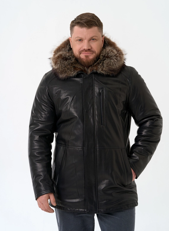 Мужская натуральная дубленка на волке с отделкой из меха енота фото