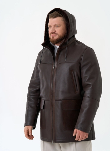 Мужская натуральная дубленка с капюшоном