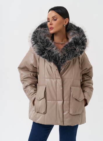 Пуховик из эко кожи с капюшоном из эко меха 