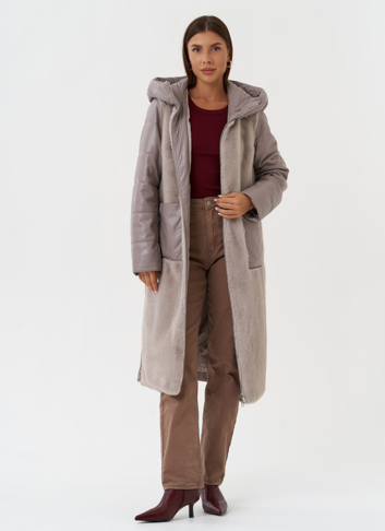 Комбинированный пуховик из эко кожи с капюшоном