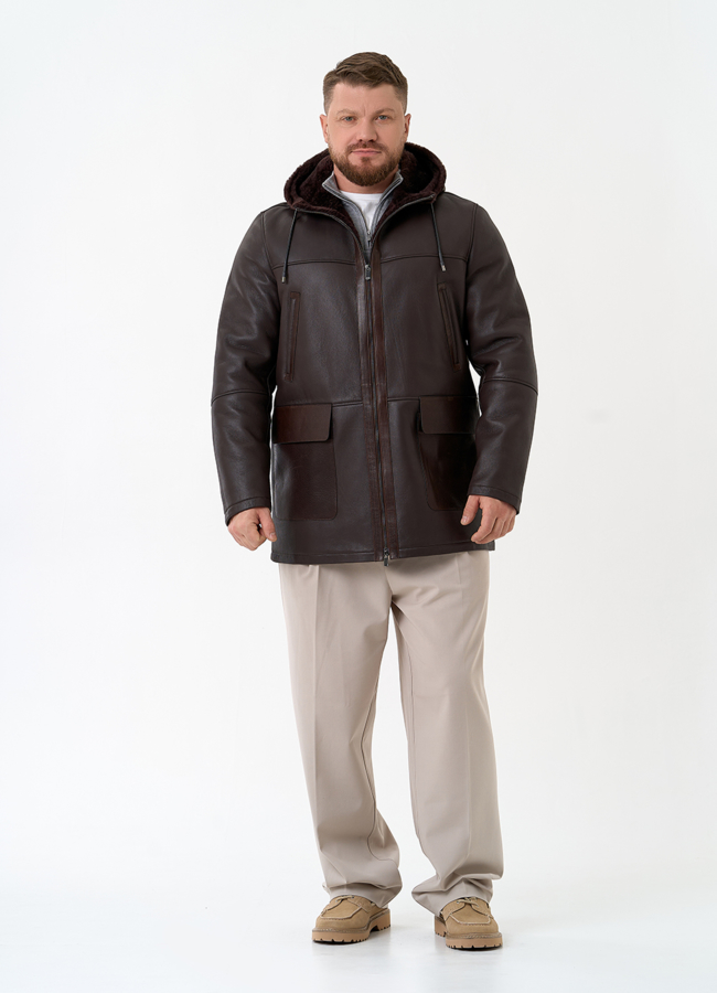 Мужская натуральная дубленка с капюшоном модель № 32059 в кредит