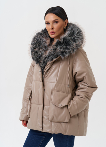 Пуховик из эко кожи с капюшоном из эко меха 