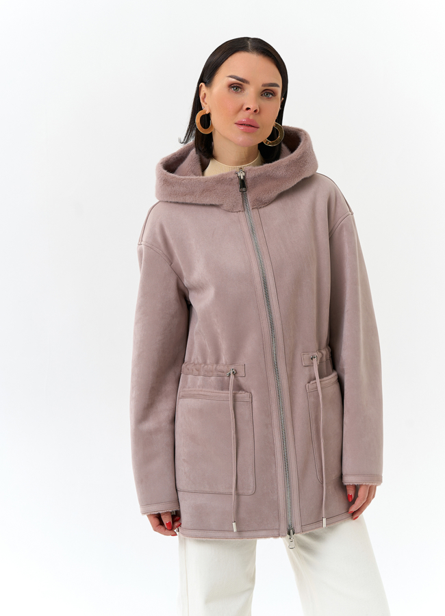 Двухсторонняя дубленка из эко замши с капюшоном модель № 32695 универмаг малина