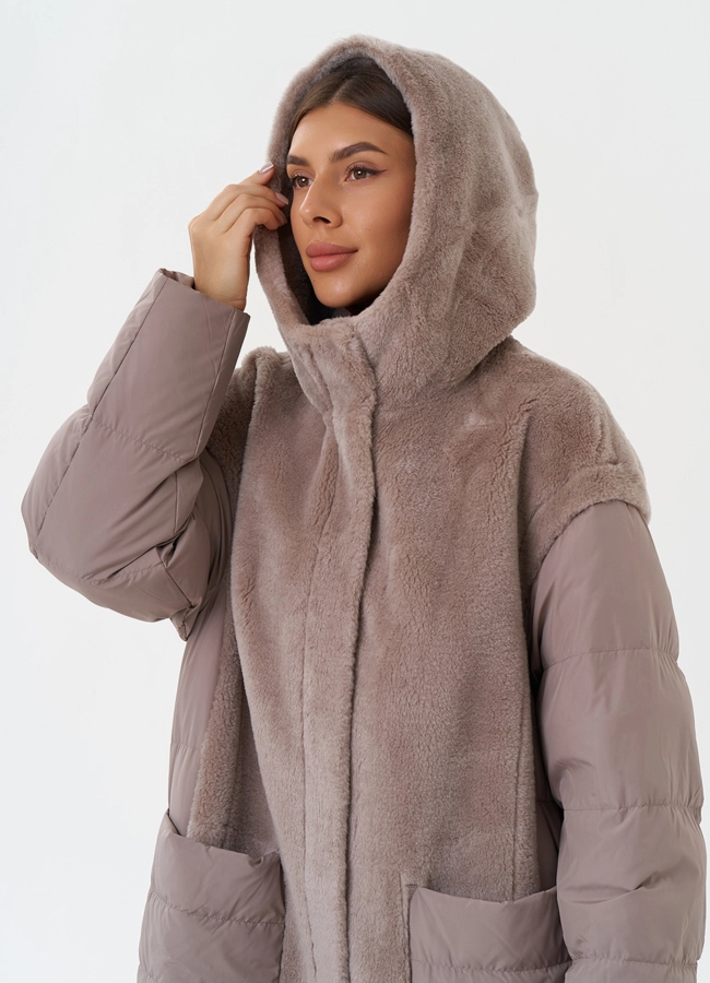 Комбинированное пальто с капюшоном модель № 28673 универмаг малина