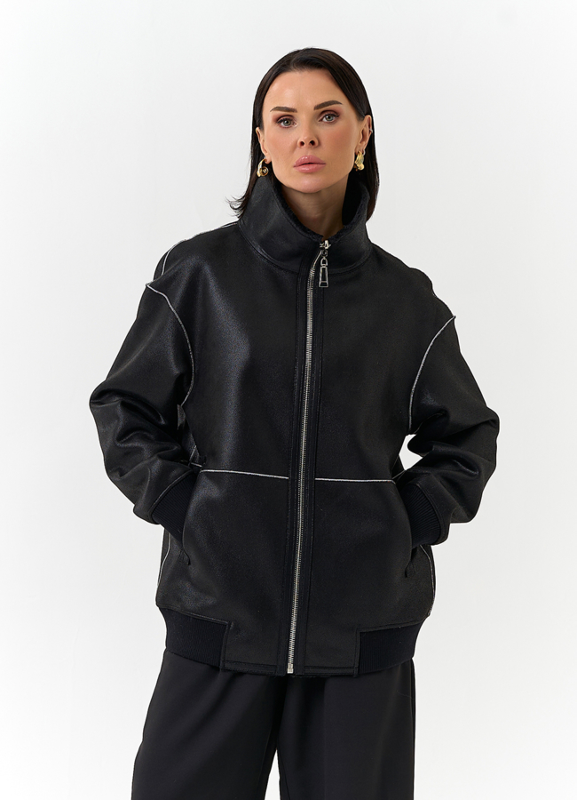 Женский бомбер из эко замши черного цвета модель № 32584 меха малина