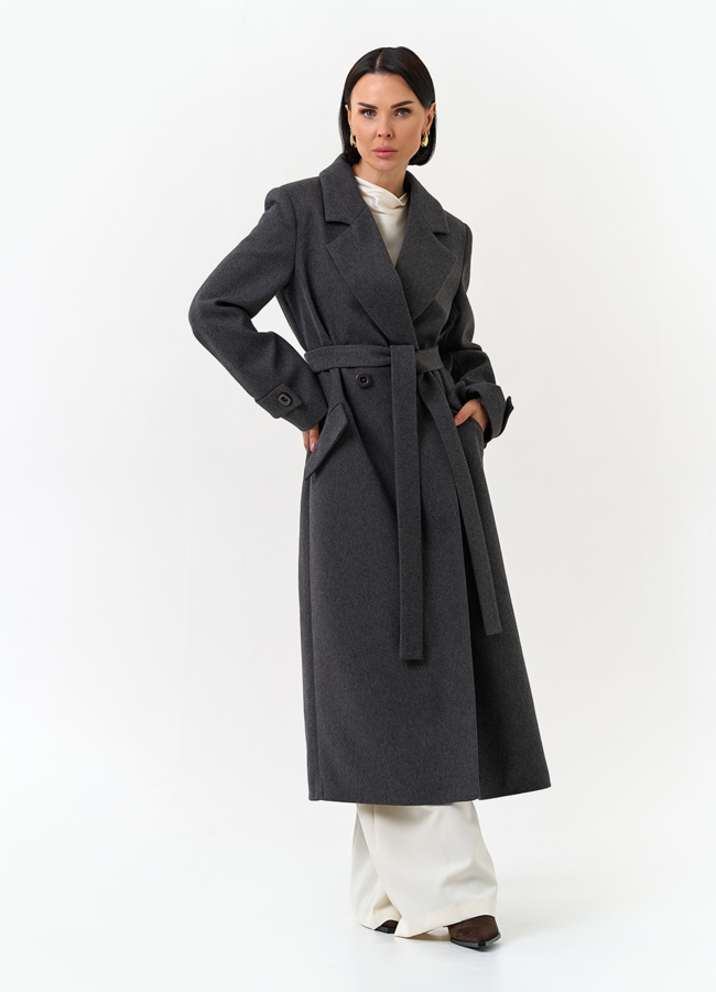 Женское длинное пальто с поясом модель № 32813 меха малина