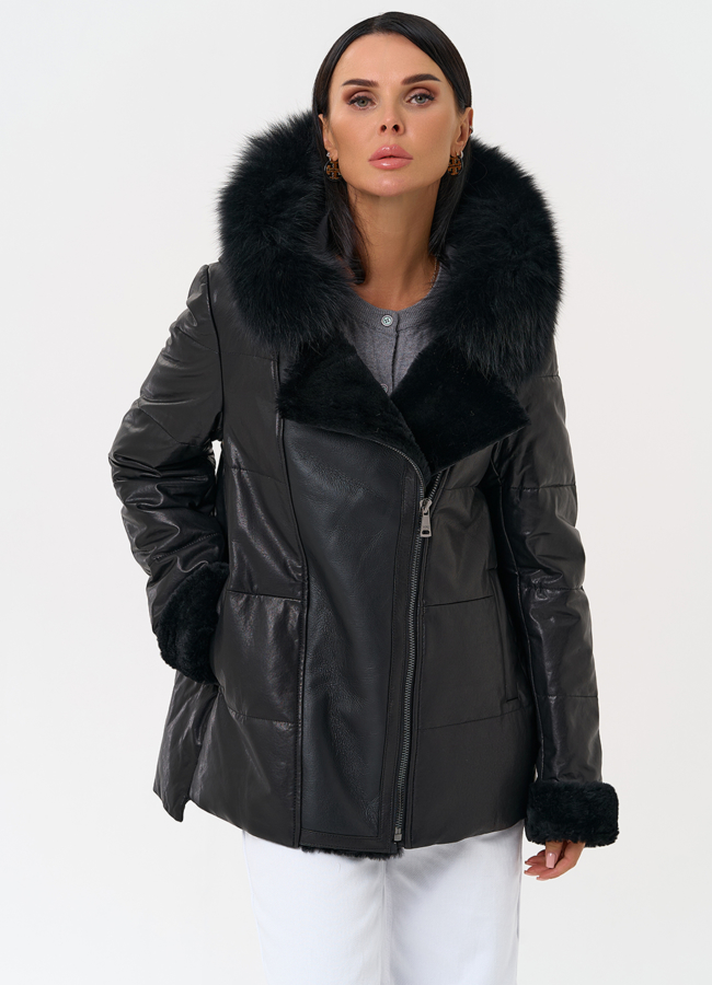 Короткий пуховик из натуральной кожи с капюшоном модель № 31374 универмаг малина