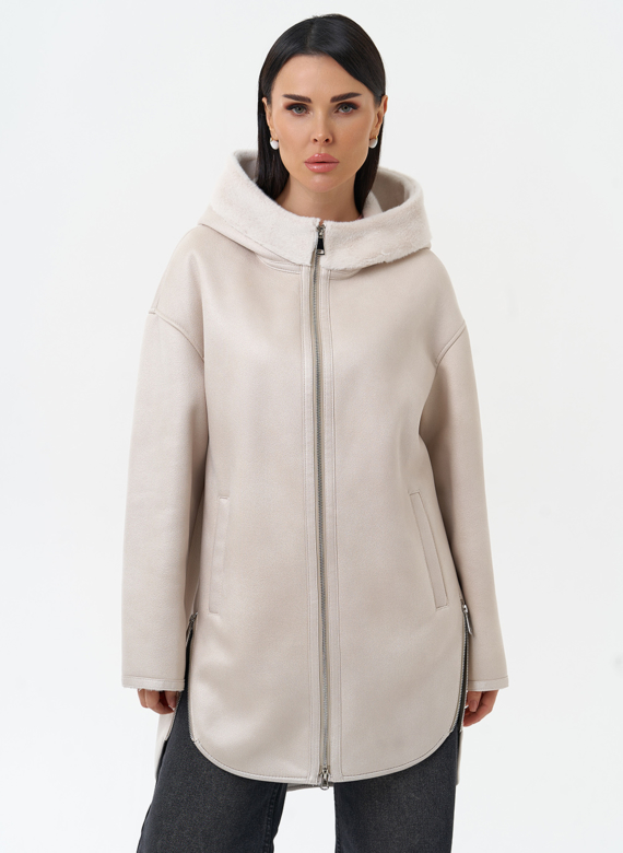 Женская дубленка из эко замши с капюшоном