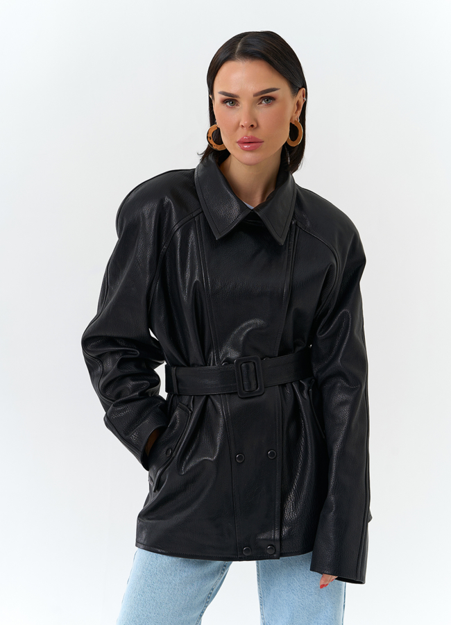 Женская куртка из натуральной кожи  с поясом модель № 32872 меха малина