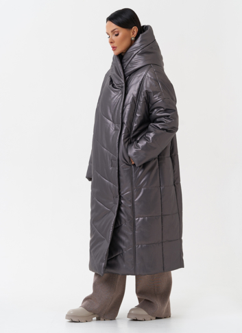 Пуховик из эко кожи с капюшоном