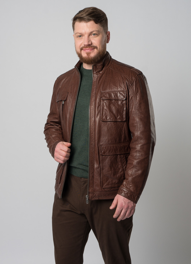 Мужская кожаная куртка коричневого цвета модель № W8055 в рассрочку