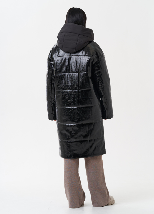 Женский пуховик из эко кожи с капюшоном модель № 28686 в кредит