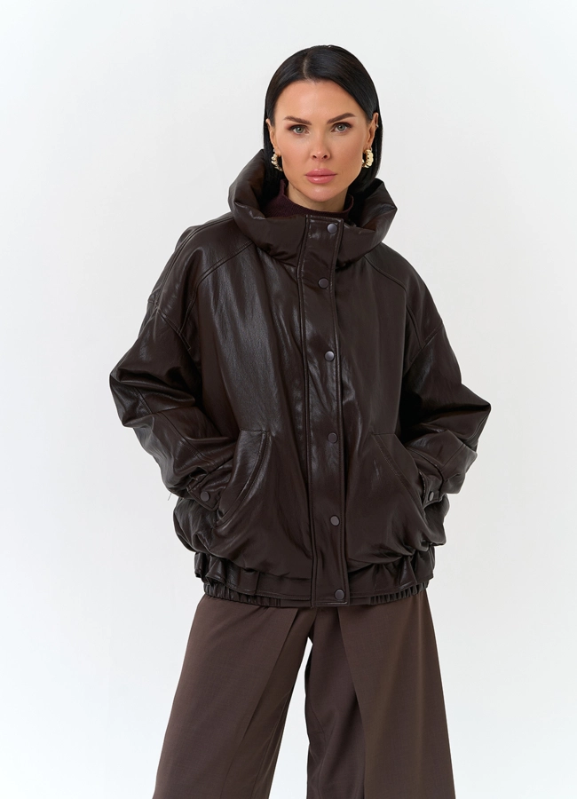 Женская утепленная куртка из эко кожи модель № 32843 меха малина