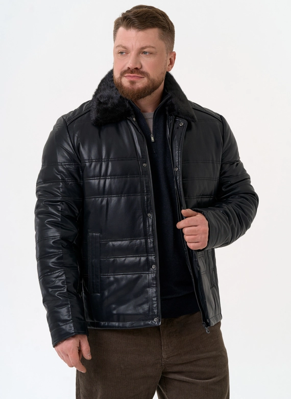 Пуховик из эко кожи с воротником стойкой