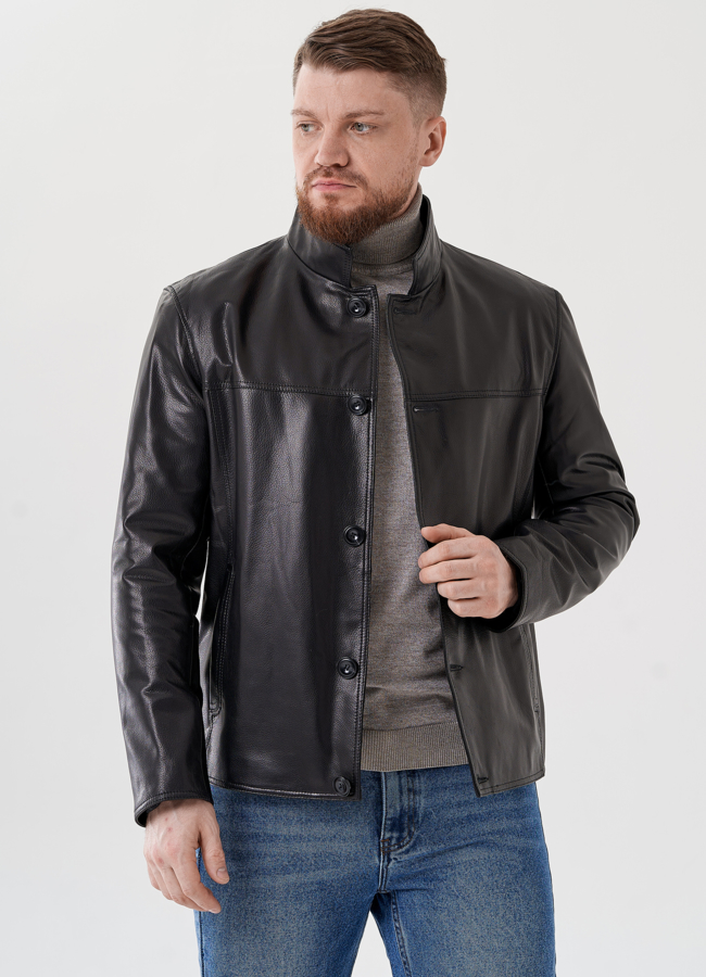 фото Мужская кожаная куртка черного цвета  модель № 24461