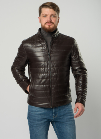 Мужская  утепленная куртка из натуральной кожи коричневого цвета