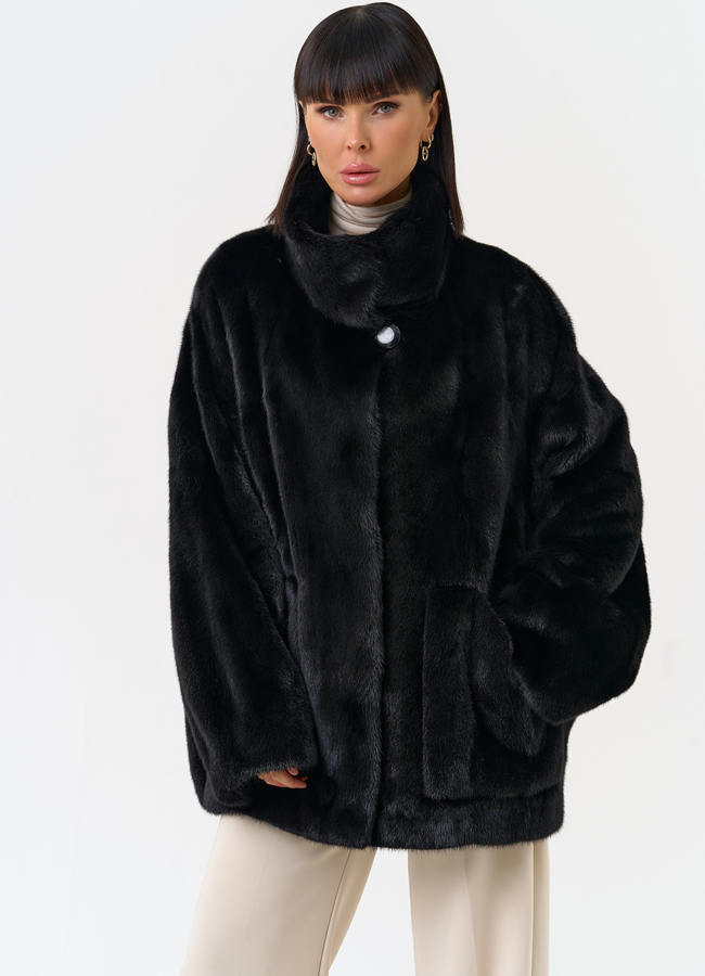 Женская шуба из скандинавской норки с воротником стойкой модель № 31633 в рассрочку