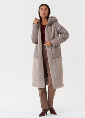 Комбинированный пуховик из эко кожи с капюшоном