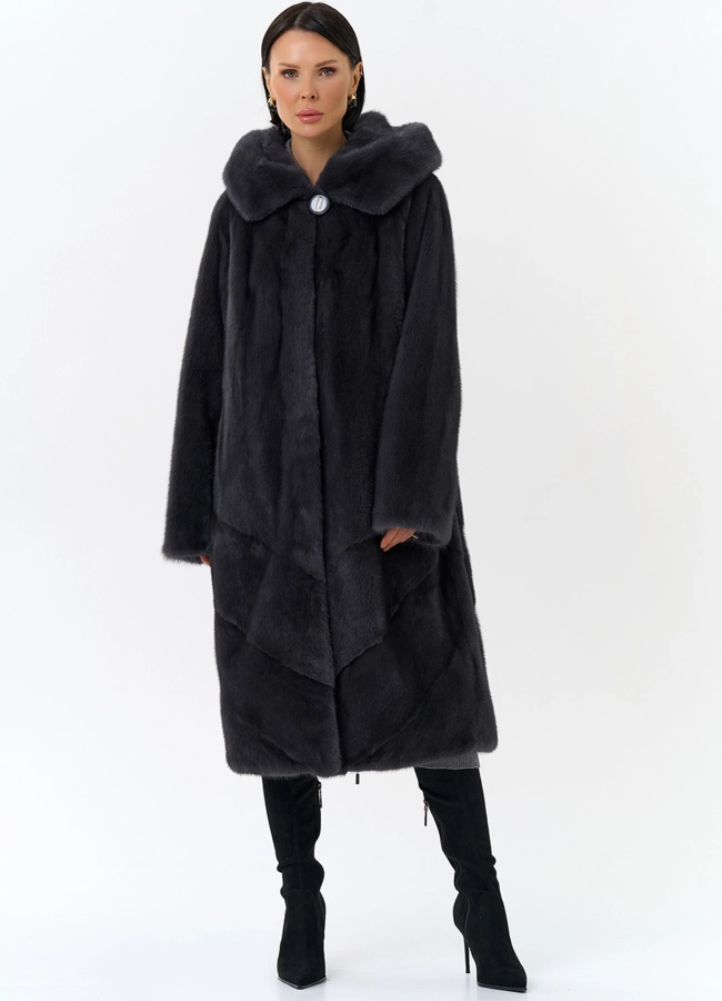 Женская шуба из норки силуэта баллон с капюшоном модель № 24750 меха малина