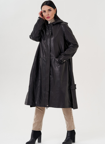 Длинный кожаный плащ с капюшоном