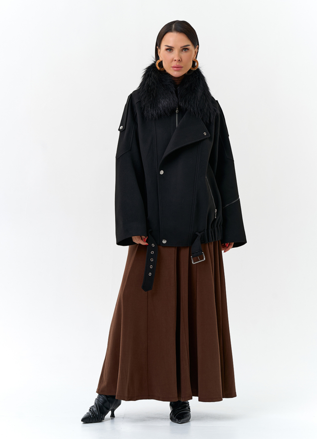 Женское укороченное пальто с отделкой из меха лисы модель № 32782 универмаг малина