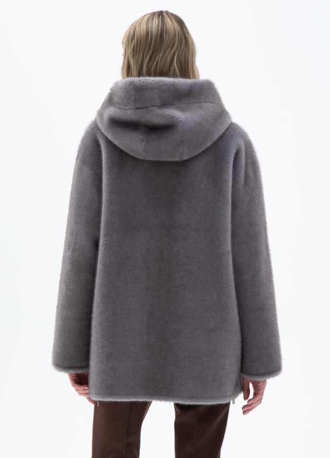 Женская двухсторонняя дубленка из эко кожи с капюшоном модель № 32029 универмаг малина