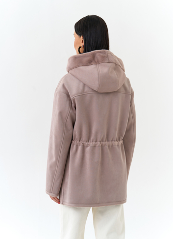 Двухсторонняя дубленка из эко замши с капюшоном