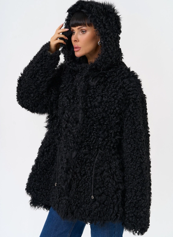 Женская двухсторонняя дубленка с капюшоном