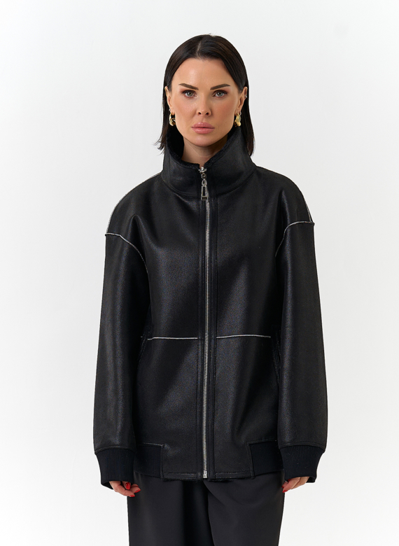 Женский бомбер из эко замши черного цвета