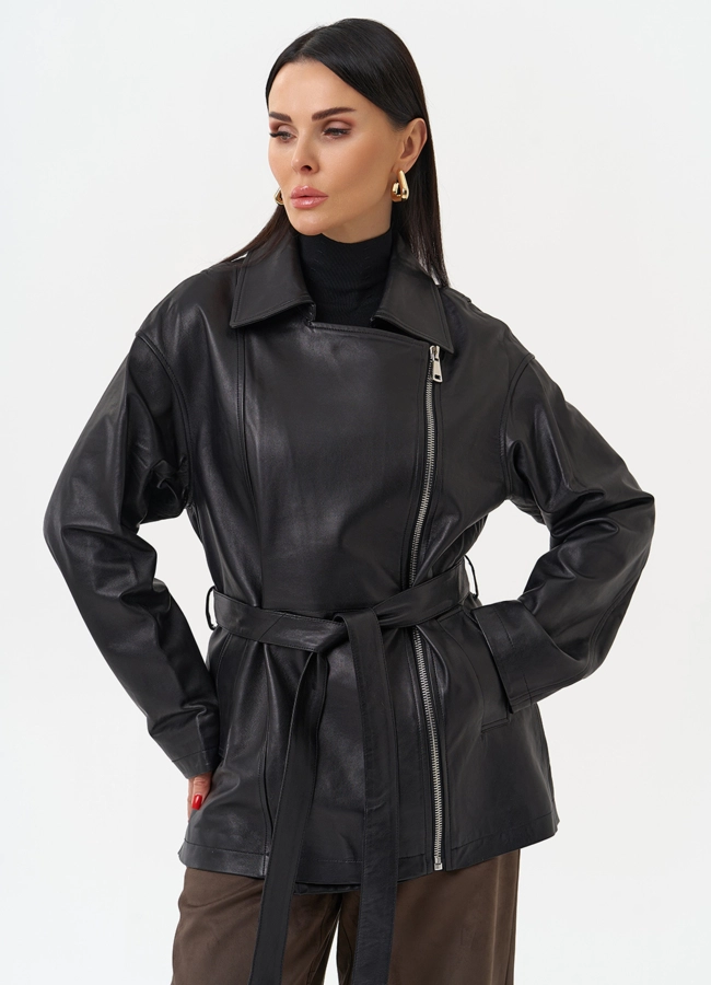 Куртка из натуральной кожи с поясом модель № 30160 меха малина