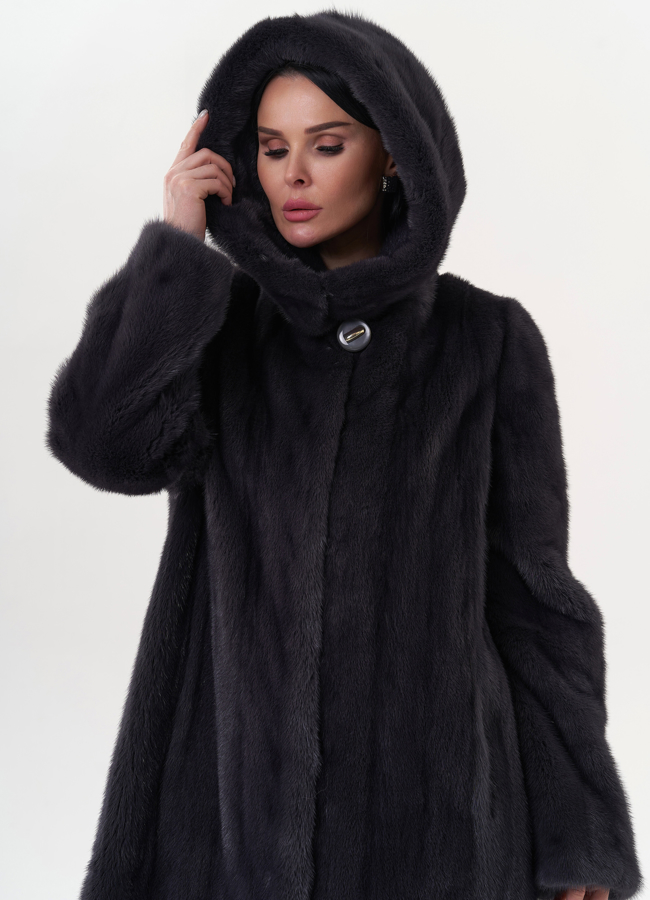 Шуба из норки классическая с капюшоном цвете графит модель № 24816 универмаг малина