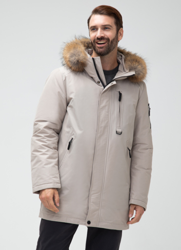 Мужской пуховик с капюшоном из меха енота