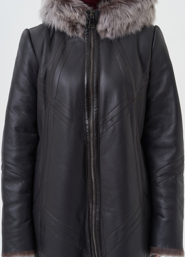 Дубленка с отделкой из тосканы с капюшоном модель № 28698 в кредит