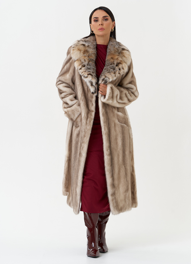 Женская шуба из меха норки с воротником из меха рыси модель № 30669 универмаг малина