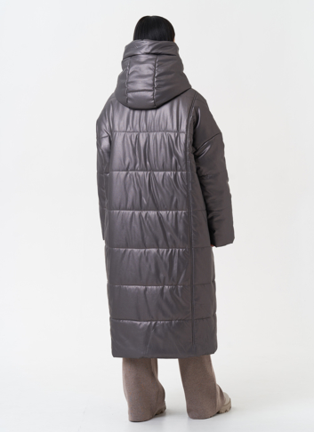 Пуховик из эко кожи с капюшоном