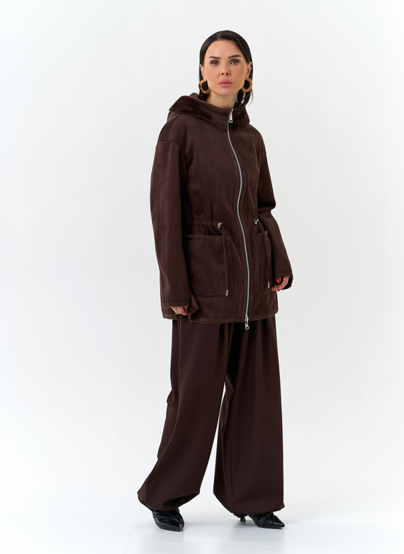 Двухсторонняя дубленка из эко замши с капюшоном