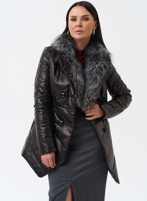Кожаный пуховик с мехом из чернобурки