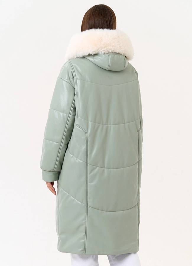 Женский пуховик из эко кожи с отделкой из эко меха модель № 30719 в рассрочку