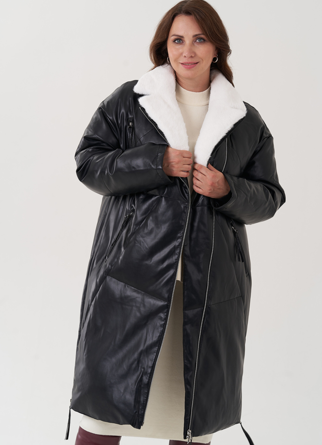 Пуховик женский из эко кожи с английским воротником модель № 25466 универмаг малина