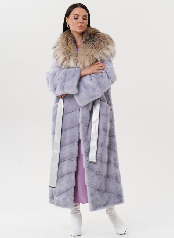 Женская норковая шуба с капюшоном из меха рыси