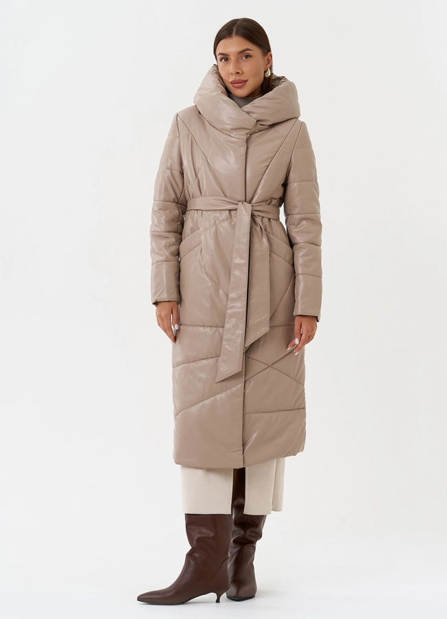 Женский пуховик из эко кожи с поясом модель № 28516 в кредит