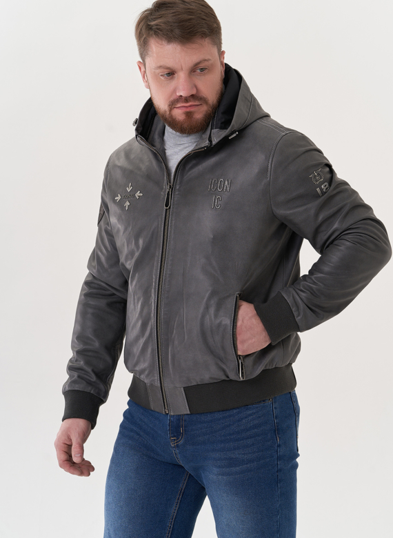 Мужская кожаная куртка "бомбер" с капюшоном